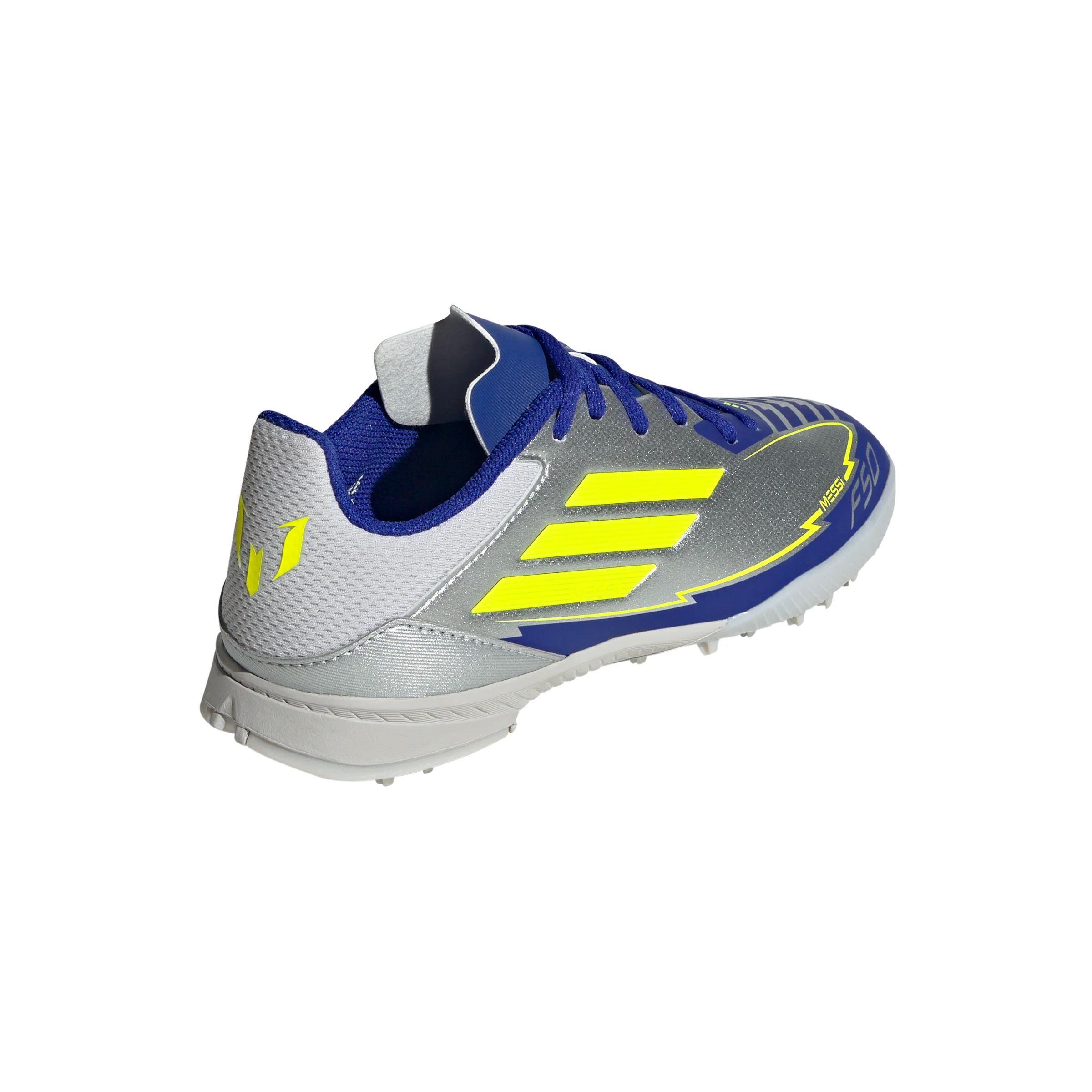 adidas Junior F50 League Messi TF Turf Soccer Cleats - Silver Metallic/Solar Yellow/Lucid Blue - Image 3