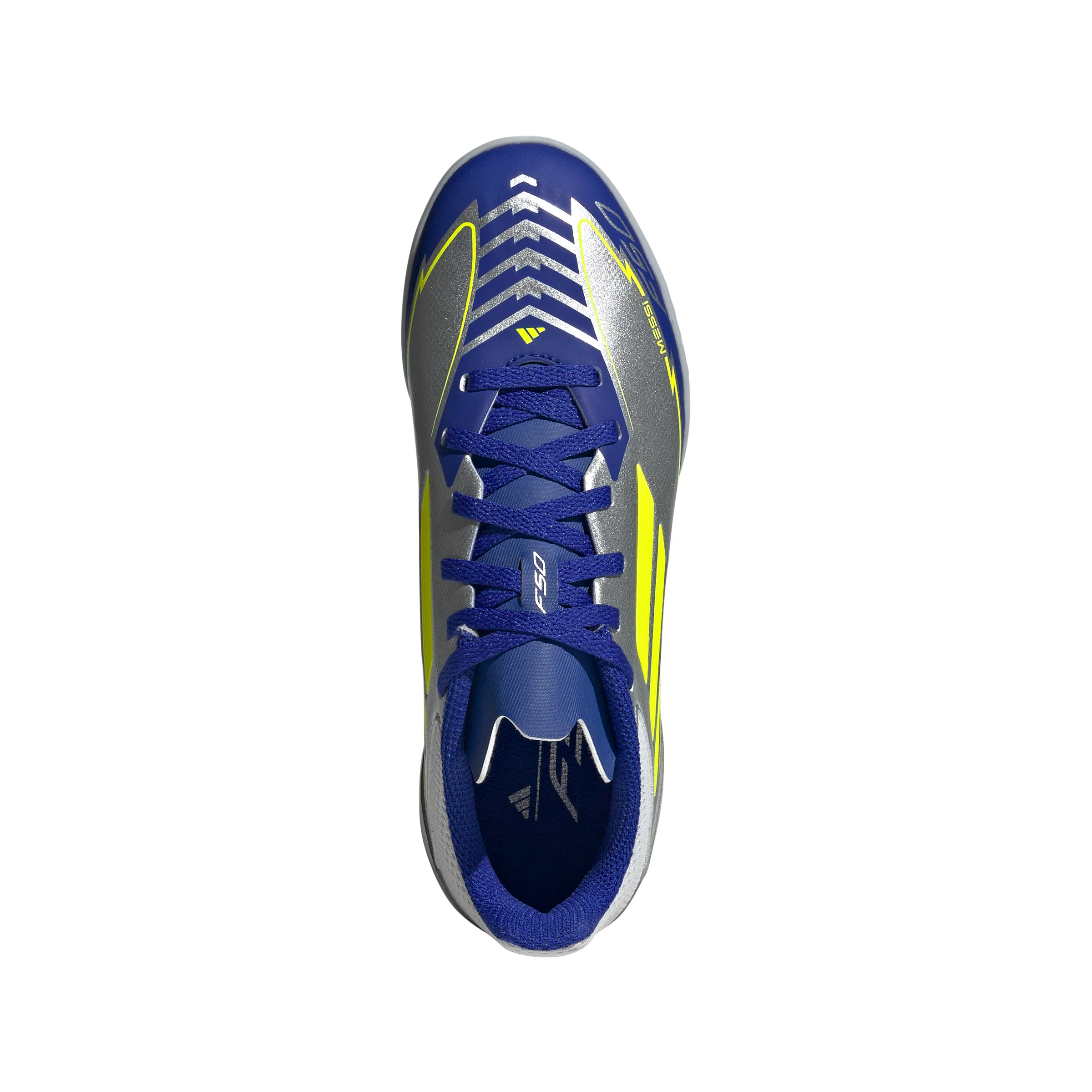 adidas Junior F50 League Messi TF Turf Soccer Cleats - Silver Metallic/Solar Yellow/Lucid Blue - Image 4