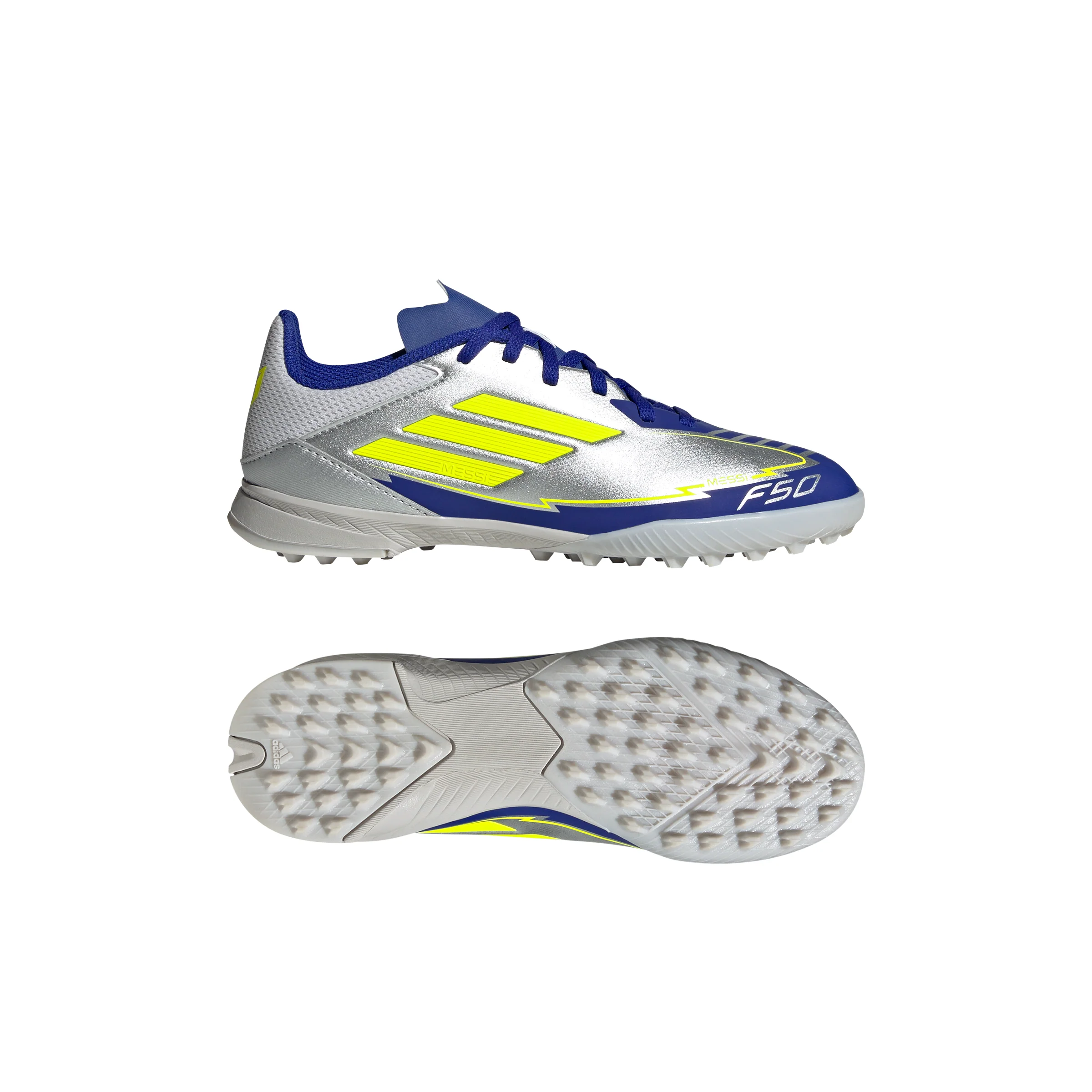 adidas Junior F50 League Messi TF Turf Soccer Cleats - Silver Metallic/Solar Yellow/Lucid Blue - Image 5