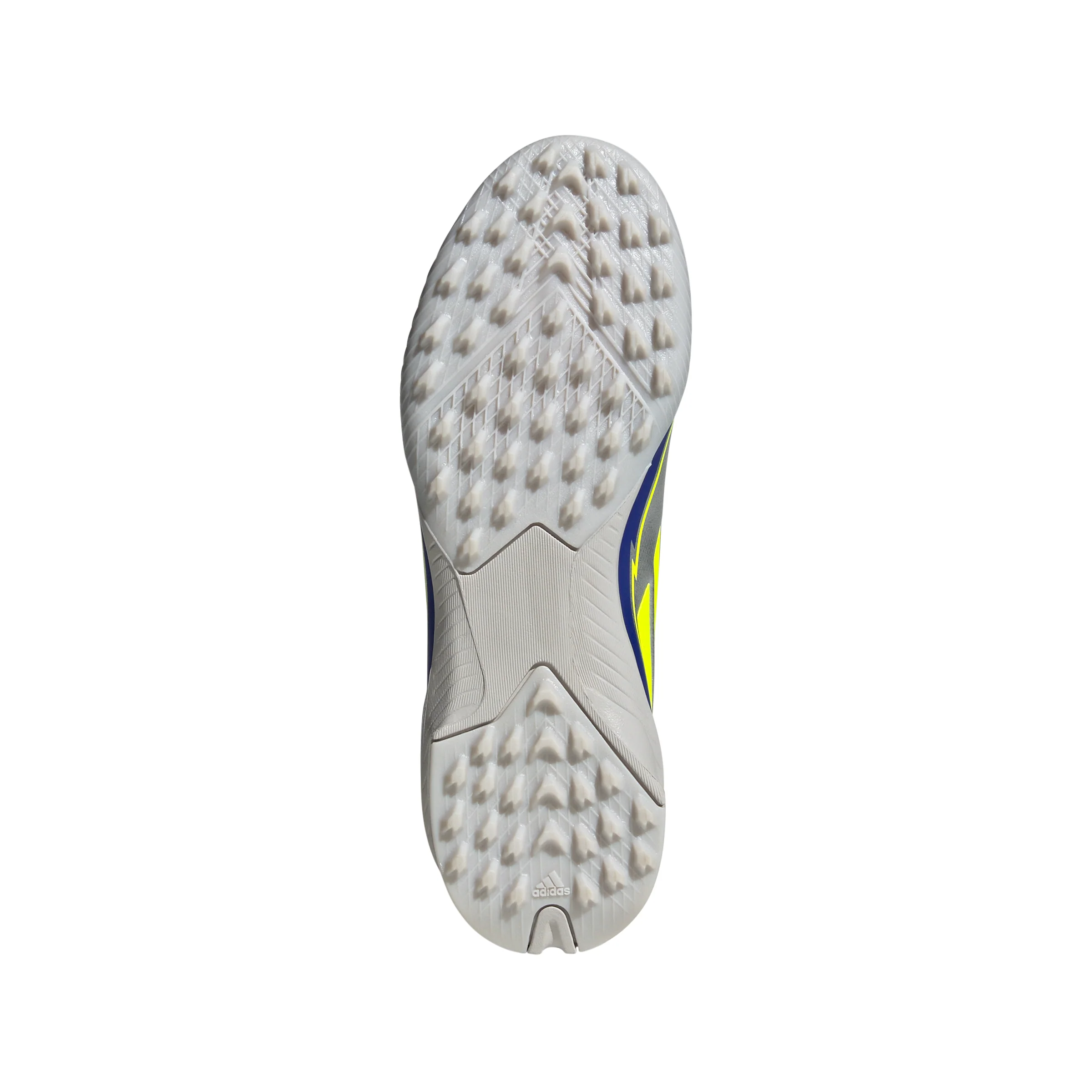 adidas Junior F50 League Messi TF Turf Soccer Cleats - Silver Metallic/Solar Yellow/Lucid Blue - Image 6