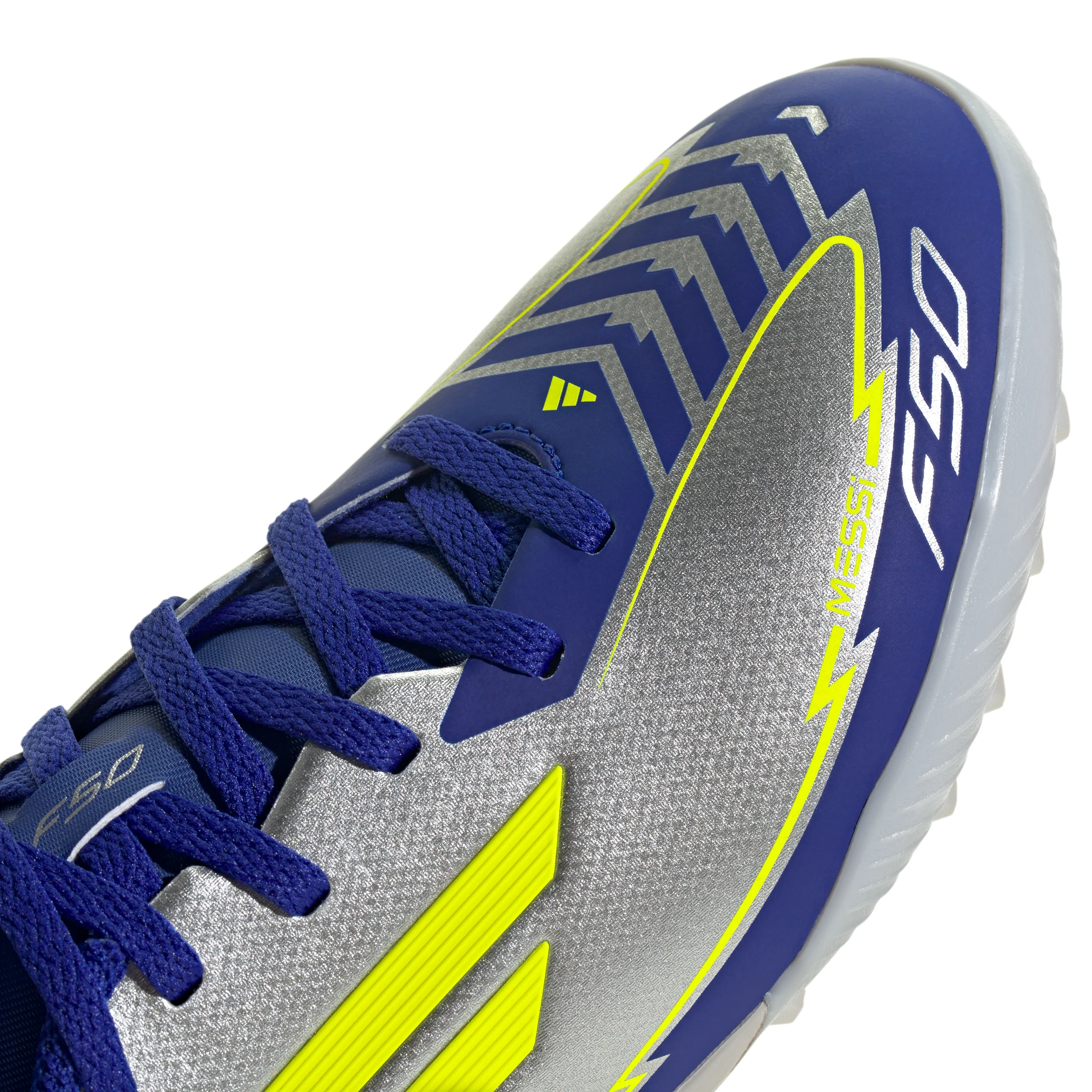adidas Junior F50 League Messi TF Turf Soccer Cleats - Silver Metallic/Solar Yellow/Lucid Blue - Image 7