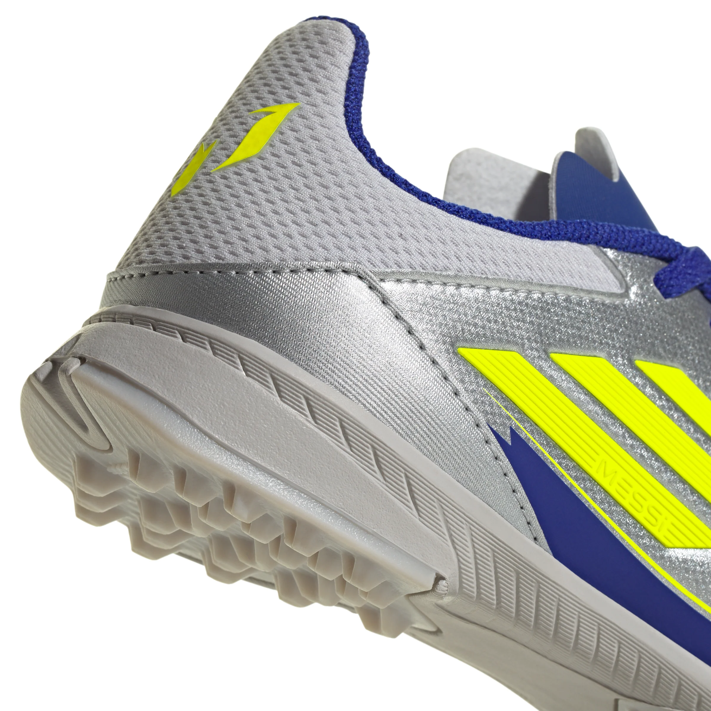 adidas Junior F50 League Messi TF Turf Soccer Cleats - Silver Metallic/Solar Yellow/Lucid Blue - Image 8