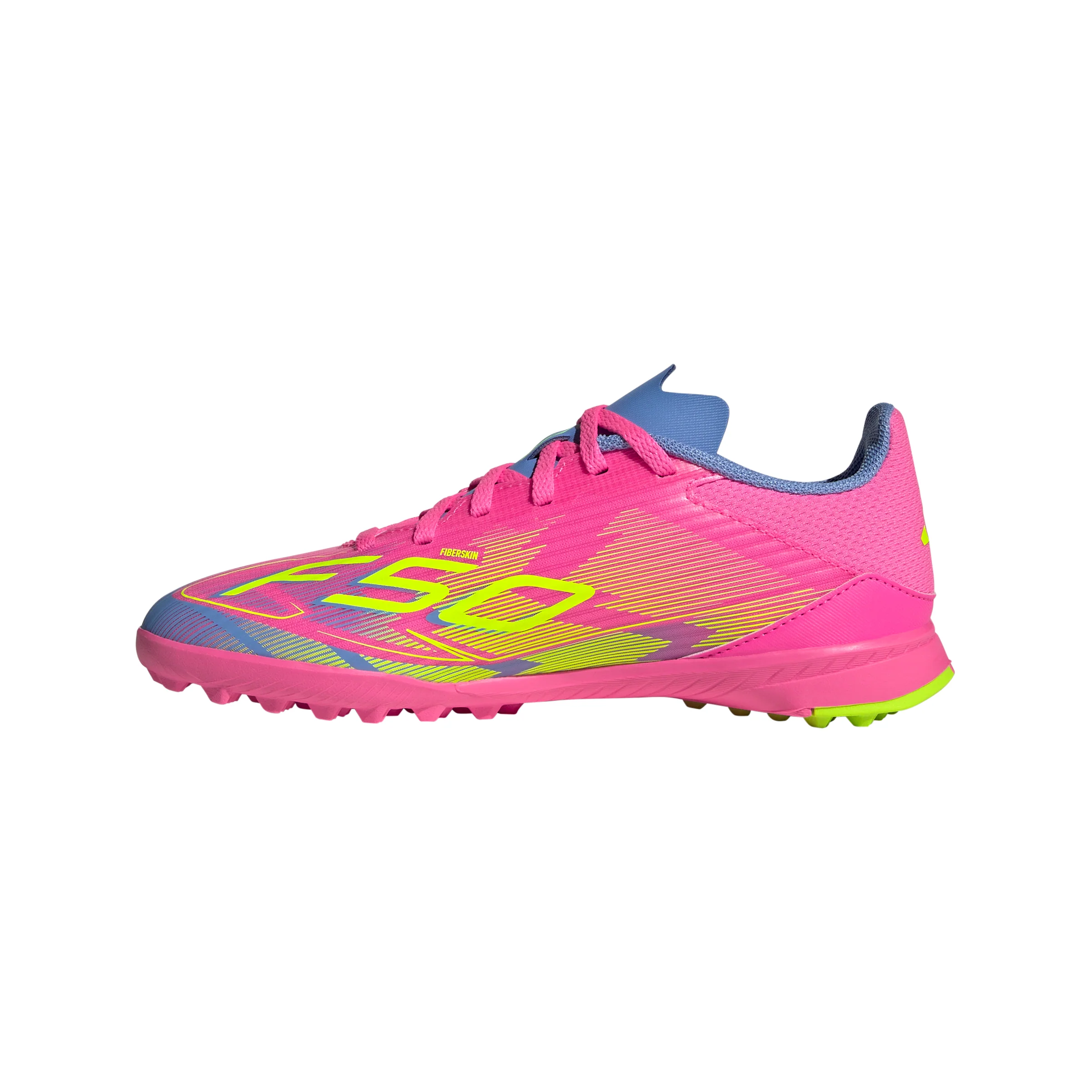 adidas F50 League Junior TF Turf Soccer Cleats- Lucid Pink /Lucid Lemon/ Blue Fusion - Image 2