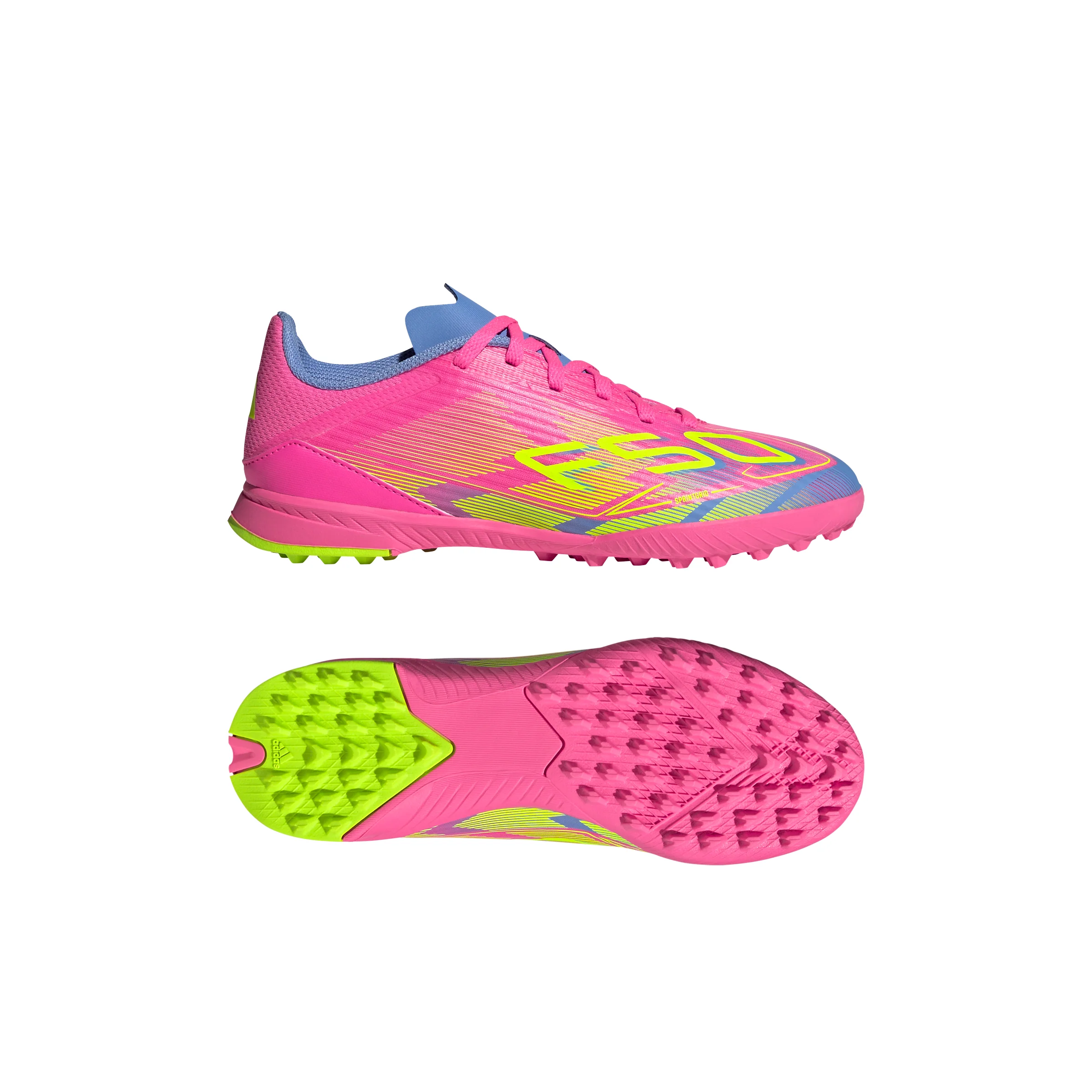adidas F50 League Junior TF Turf Soccer Cleats- Lucid Pink /Lucid Lemon/ Blue Fusion - Image 6