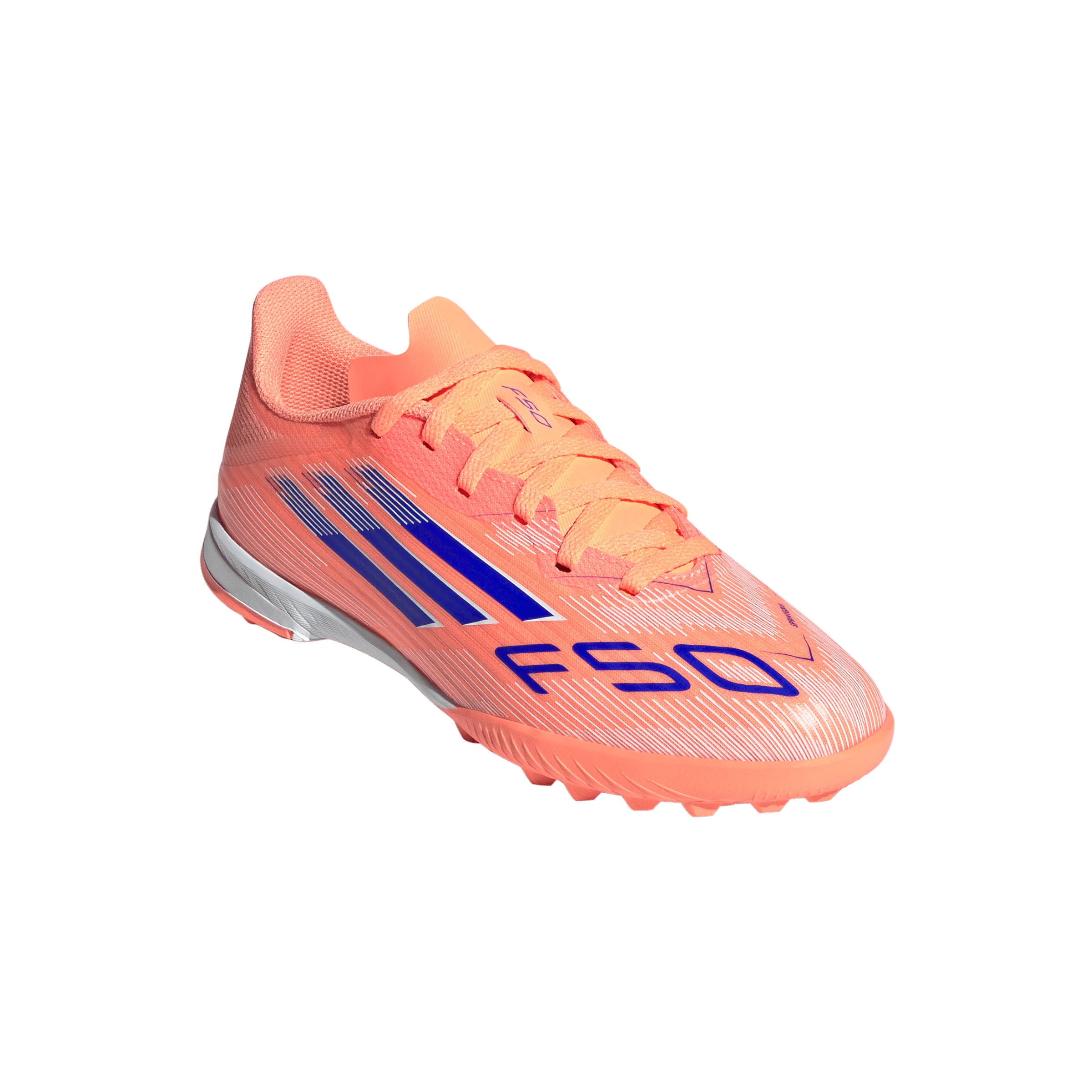 adidas F50 League Junior TF Turf Soccer Cleats- Beam Orange / Lucid Blue / Cloud White - Image 3