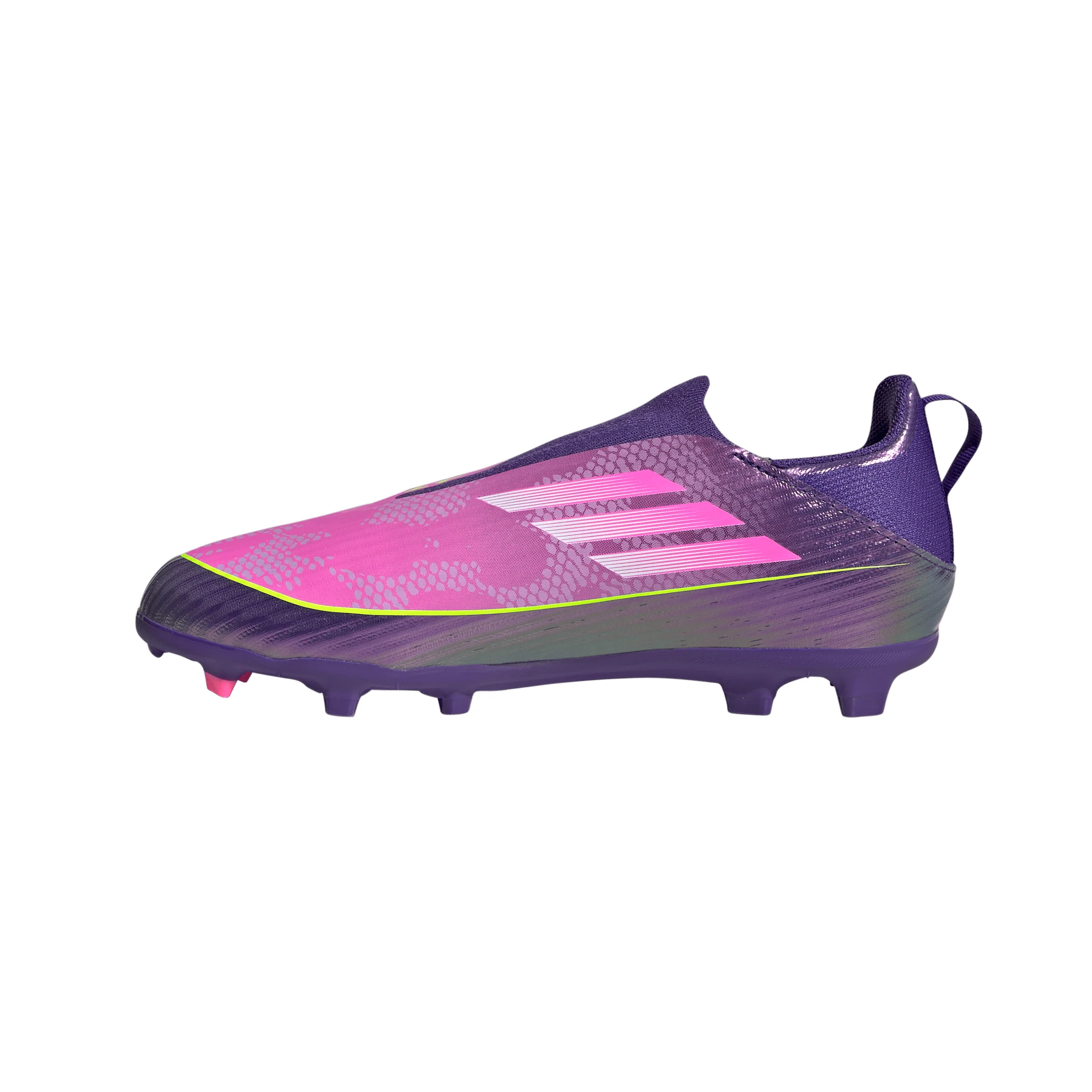 adidas F50 League Laceless Lamine Yamal Kids FG Firm Ground Soccer Cleats- Purple / Cloud White / Lucid Lemon - Image 2