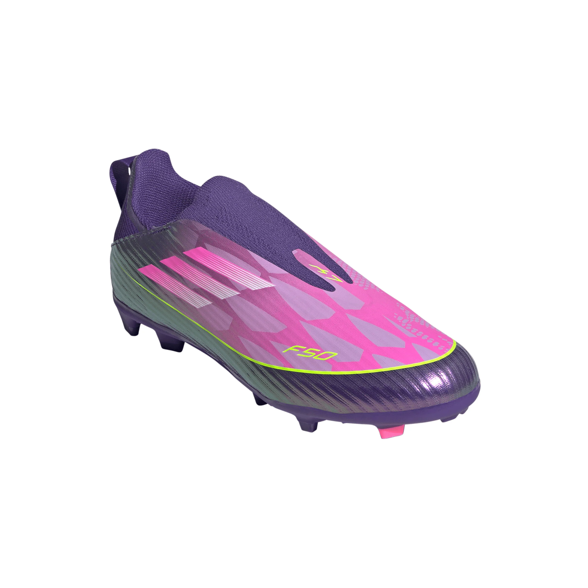 adidas F50 League Laceless Lamine Yamal Kids FG Firm Ground Soccer Cleats- Purple / Cloud White / Lucid Lemon - Image 3