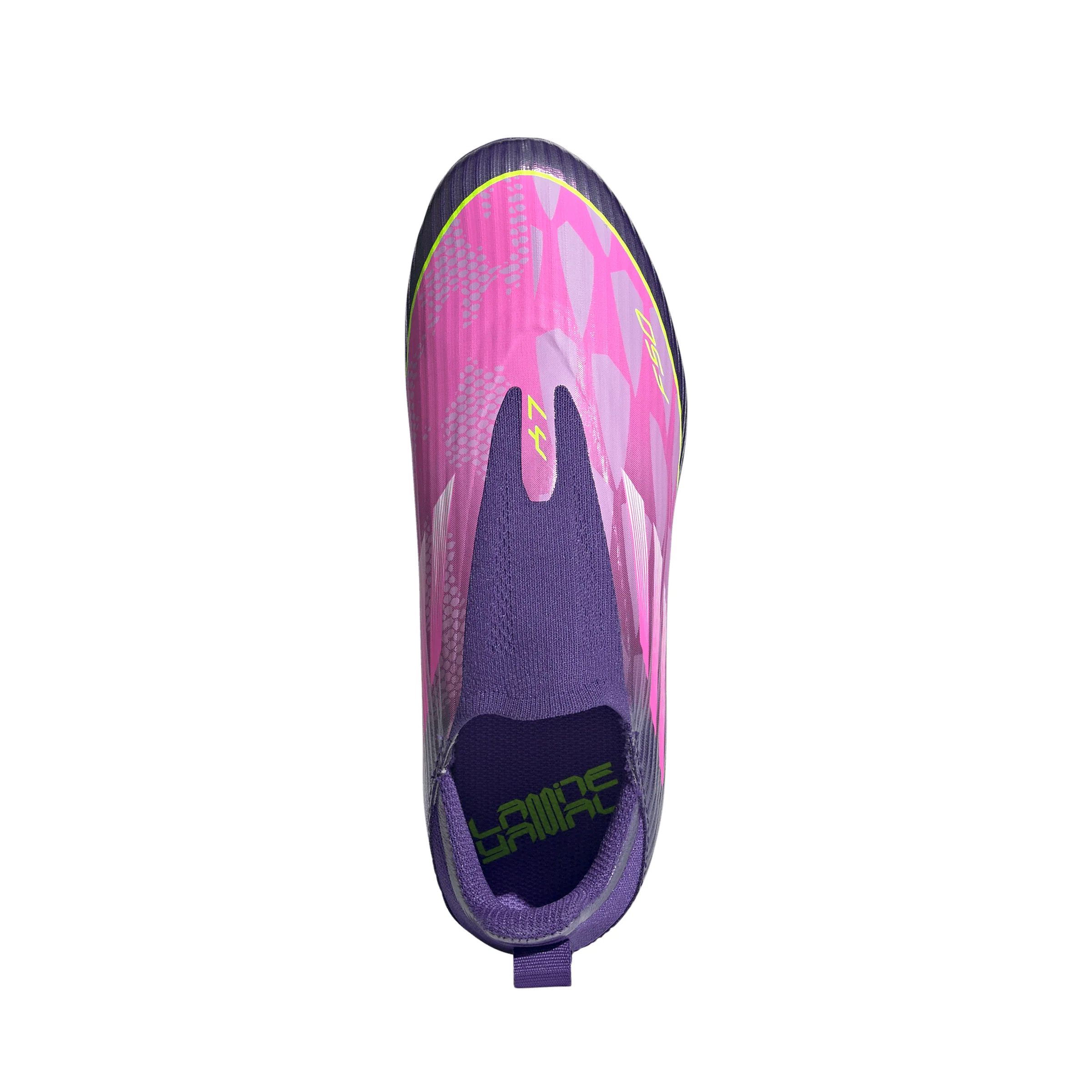 adidas F50 League Laceless Lamine Yamal Kids FG Firm Ground Soccer Cleats- Purple / Cloud White / Lucid Lemon - Image 4