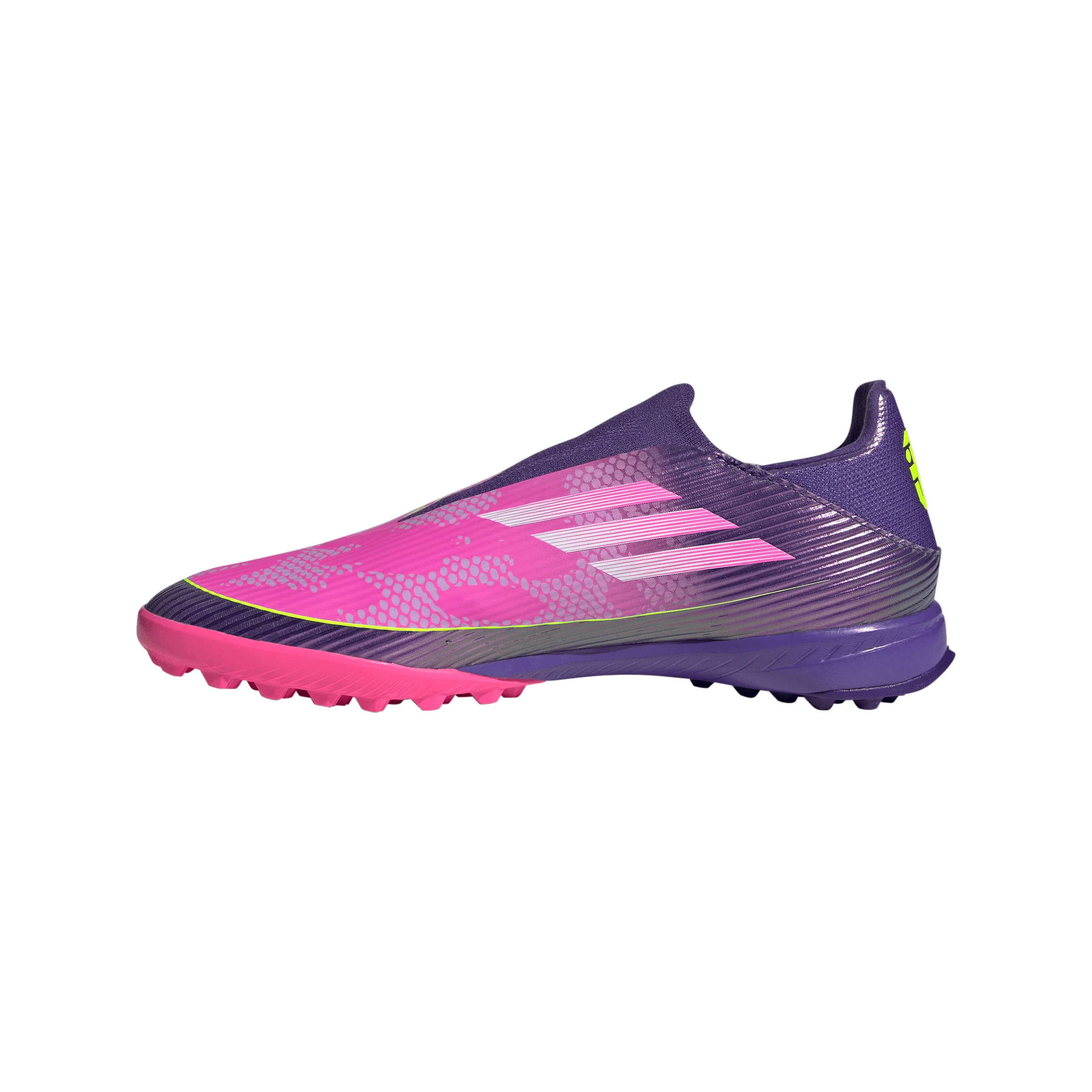 adidas F50 League Laceless Lamine Yamal TF Turf Soccer Cleats- Purple / Cloud White / Lucid Lemon - Image 4