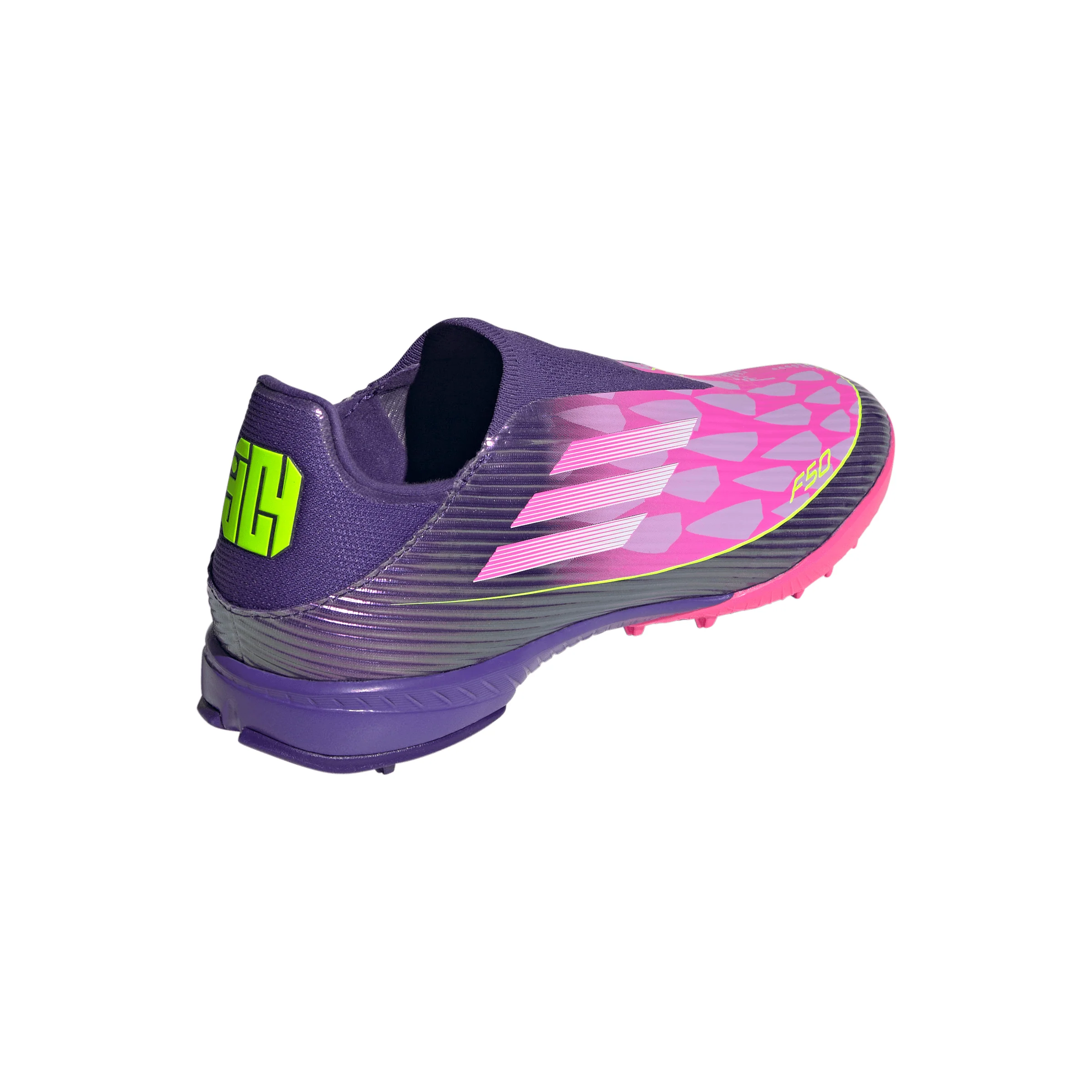 adidas F50 League Laceless Lamine Yamal TF Turf Soccer Cleats- Purple / Cloud White / Lucid Lemon - Image 5