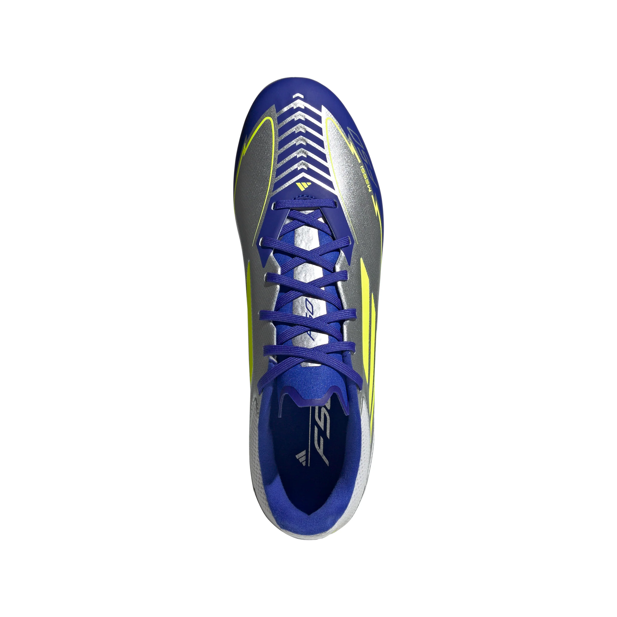 adidas F50 League Messi FG Firm Ground Soccer Cleats- Silver Metallic/Solar Yellow/Lucid Blue - Image 3