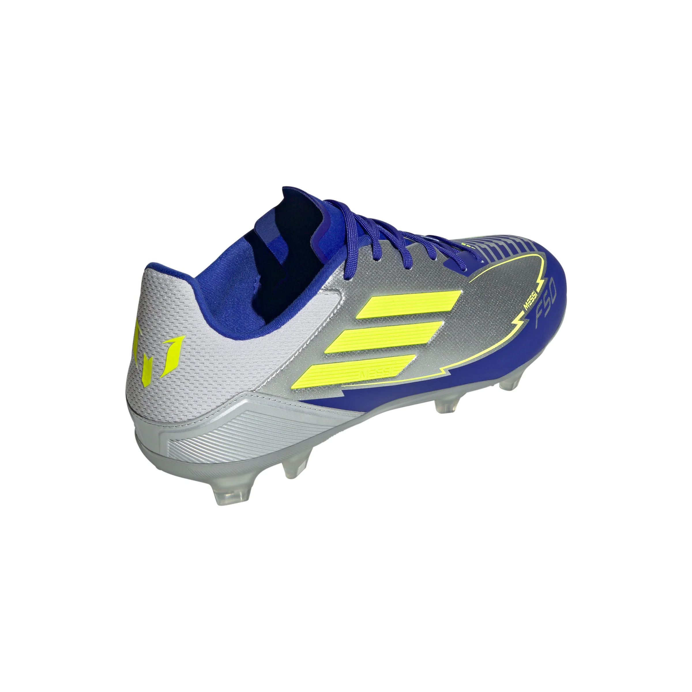 adidas F50 League Messi FG Firm Ground Soccer Cleats- Silver Metallic/Solar Yellow/Lucid Blue - Image 4