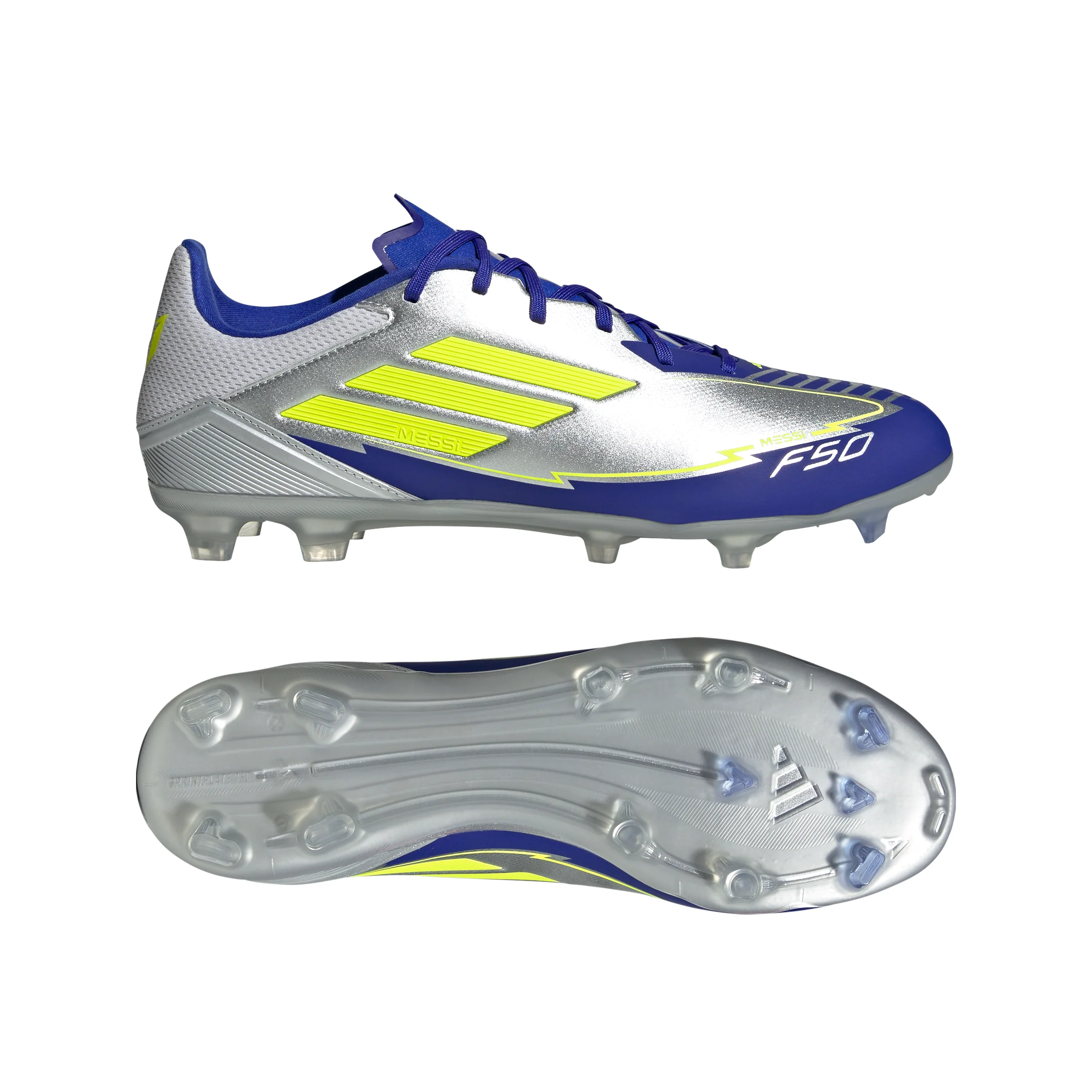 adidas F50 League Messi FG Firm Ground Soccer Cleats- Silver Metallic/Solar Yellow/Lucid Blue - Image 5