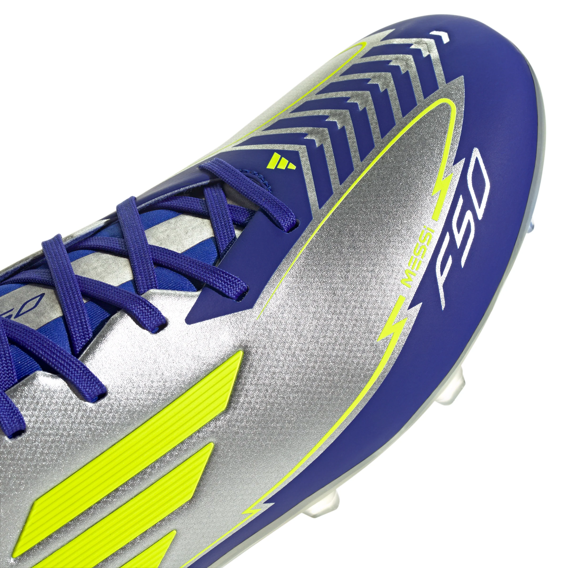 adidas F50 League Messi FG Firm Ground Soccer Cleats- Silver Metallic/Solar Yellow/Lucid Blue - Image 7