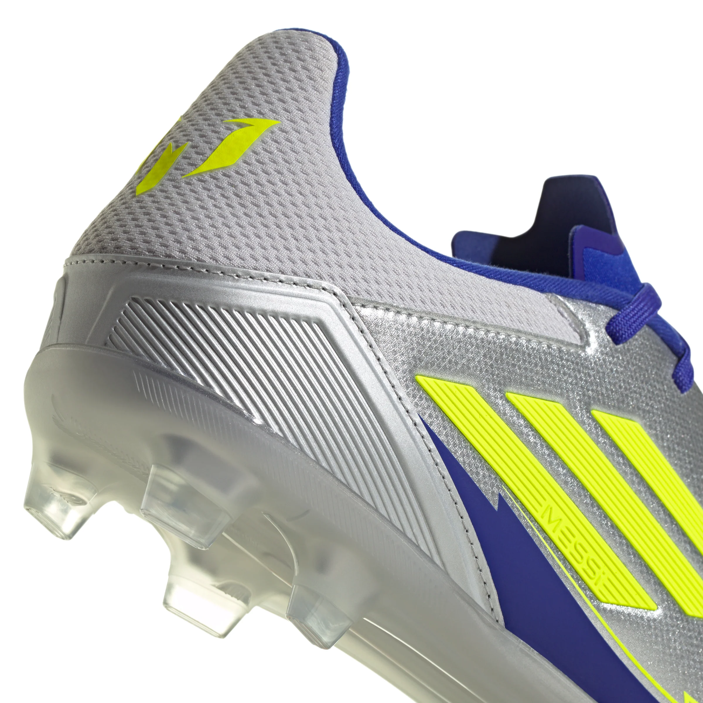 adidas F50 League Messi FG Firm Ground Soccer Cleats- Silver Metallic/Solar Yellow/Lucid Blue - Image 8