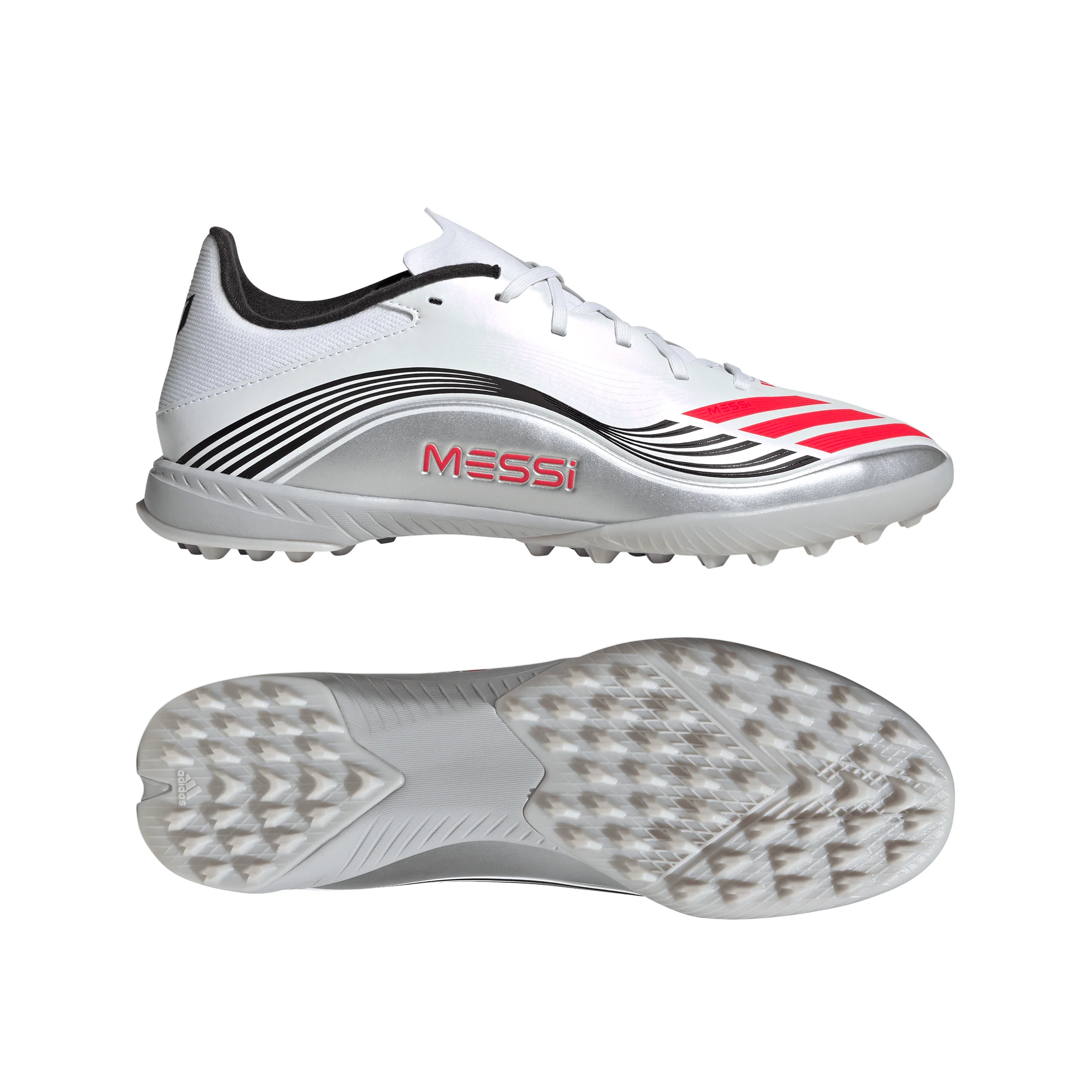 adidas F50 League Messi TF Turf Soccer Cleats-Cloud White / Lucid Red / Silver Metallic - Image 6