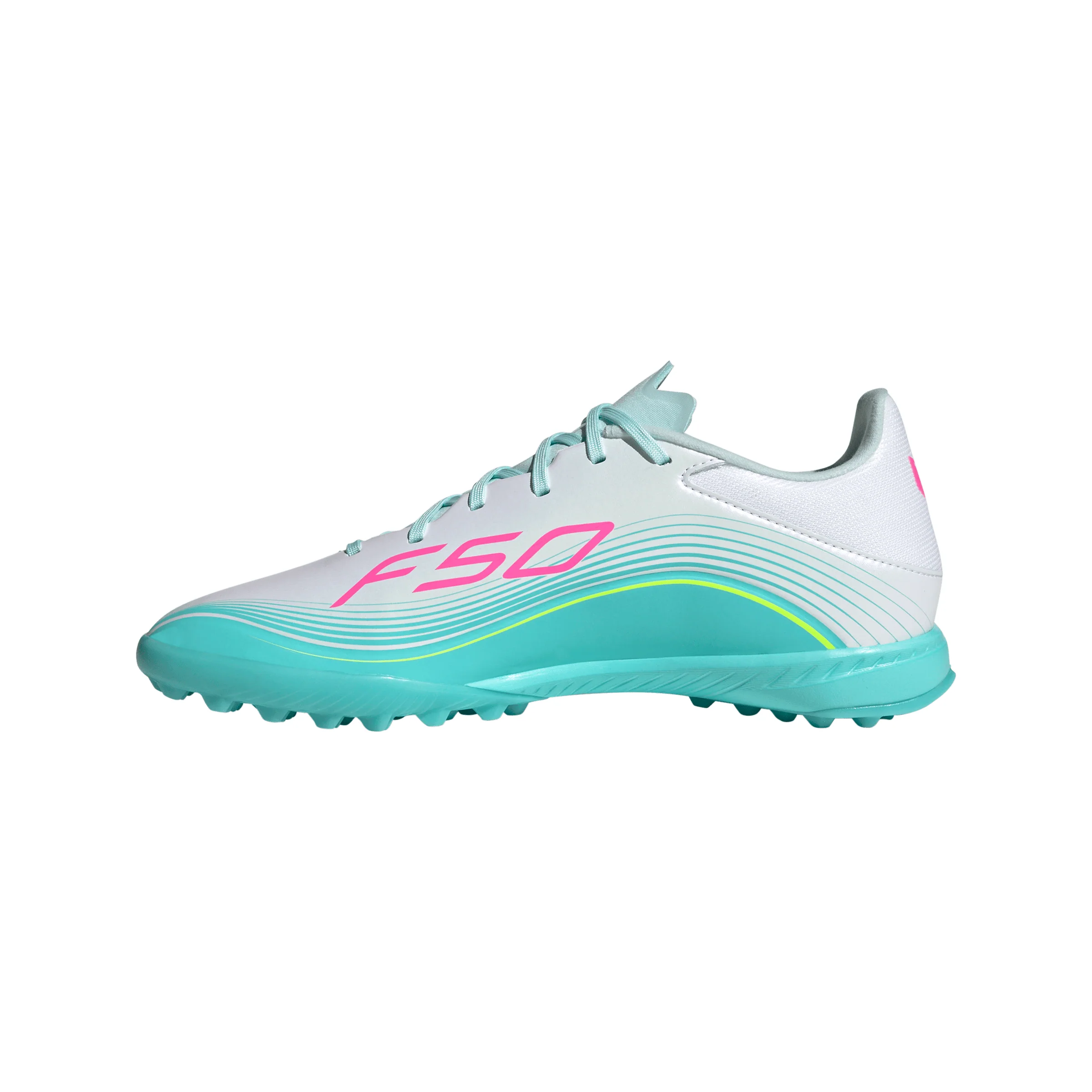 adidas F50 League Messi TF Turf Soccer Cleats-Cloud White / Lucid Pink / Flash Aqua - Image 2