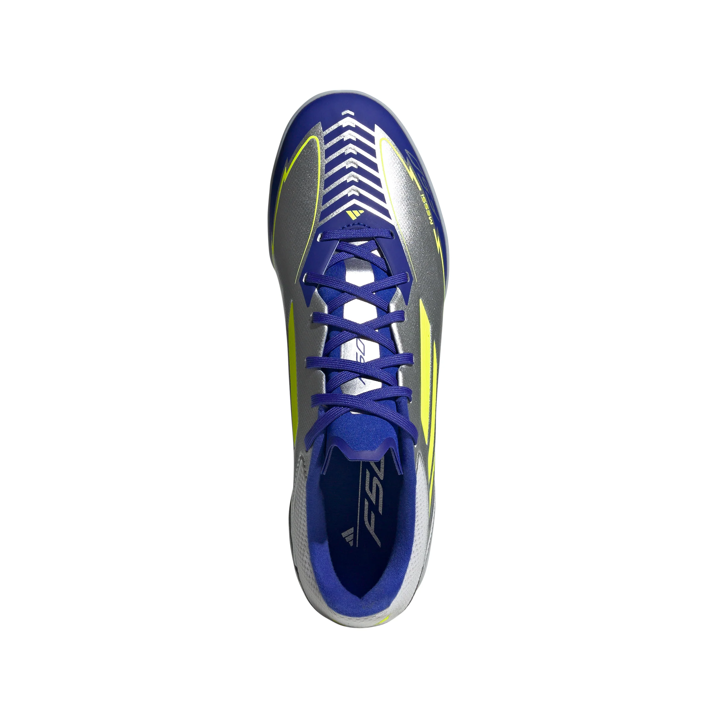 adidas F50 League Messi TF Turf Soccer Cleats- Silver Metallic/Solar Yellow/Lucid Blue - Image 3