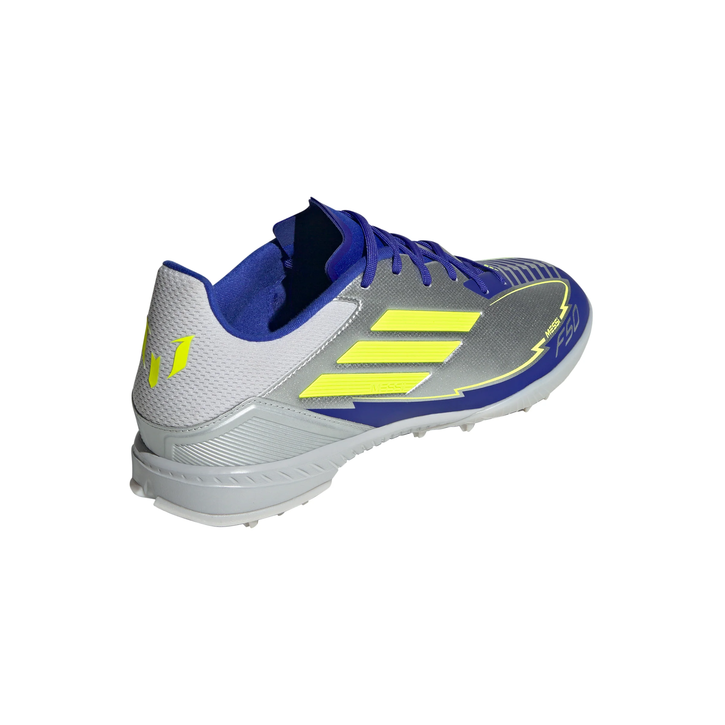adidas F50 League Messi TF Turf Soccer Cleats- Silver Metallic/Solar Yellow/Lucid Blue - Image 4