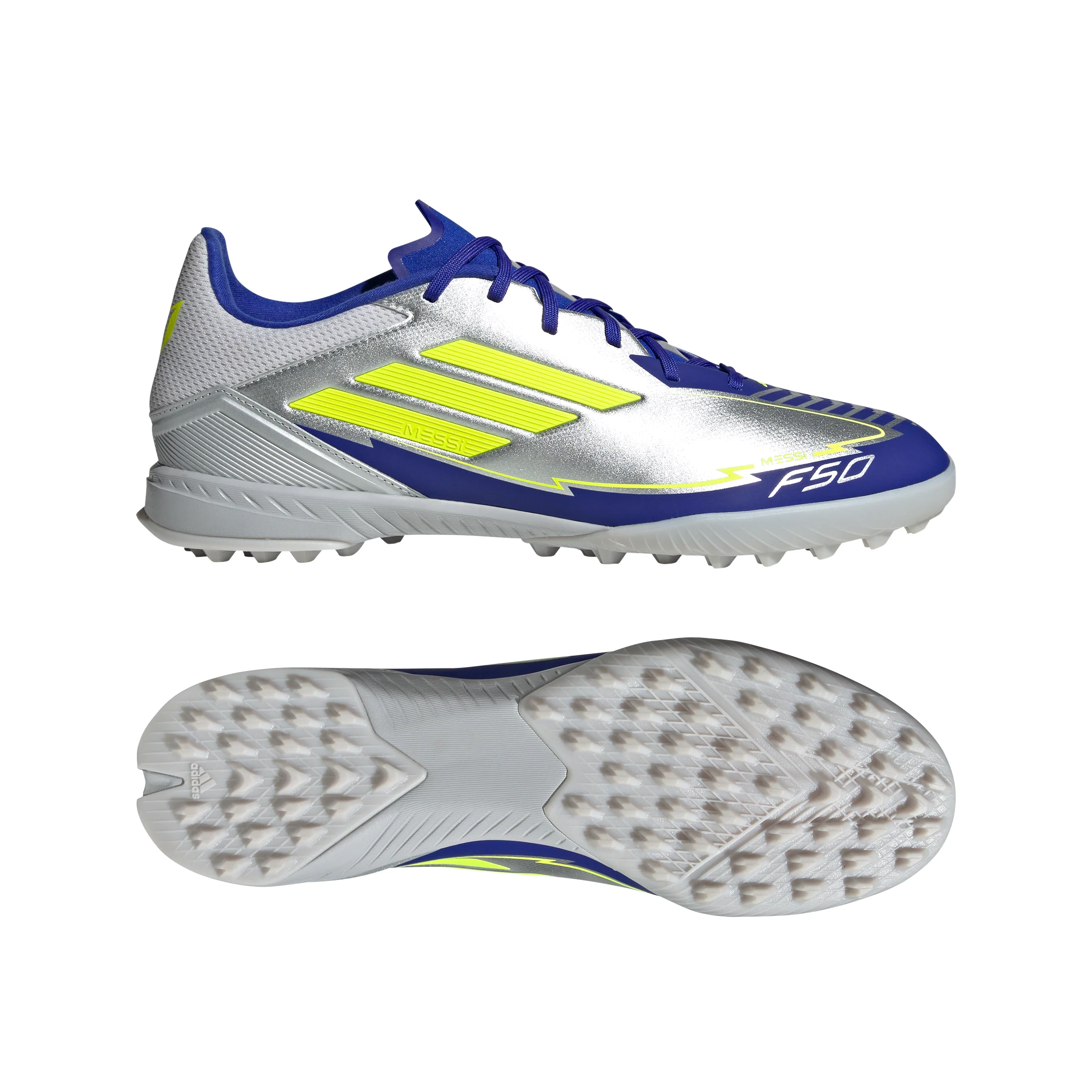 adidas F50 League Messi TF Turf Soccer Cleats- Silver Metallic/Solar Yellow/Lucid Blue - Image 5