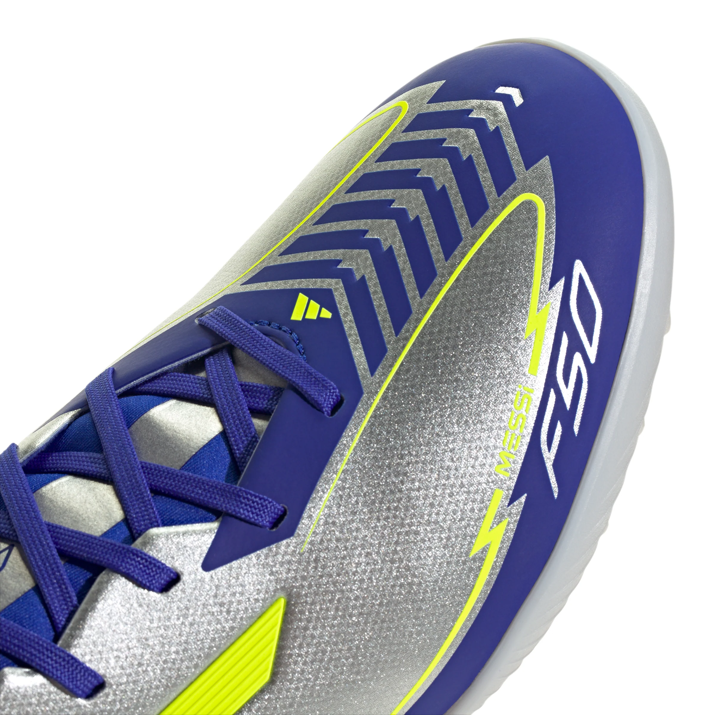 adidas F50 League Messi TF Turf Soccer Cleats- Silver Metallic/Solar Yellow/Lucid Blue - Image 7