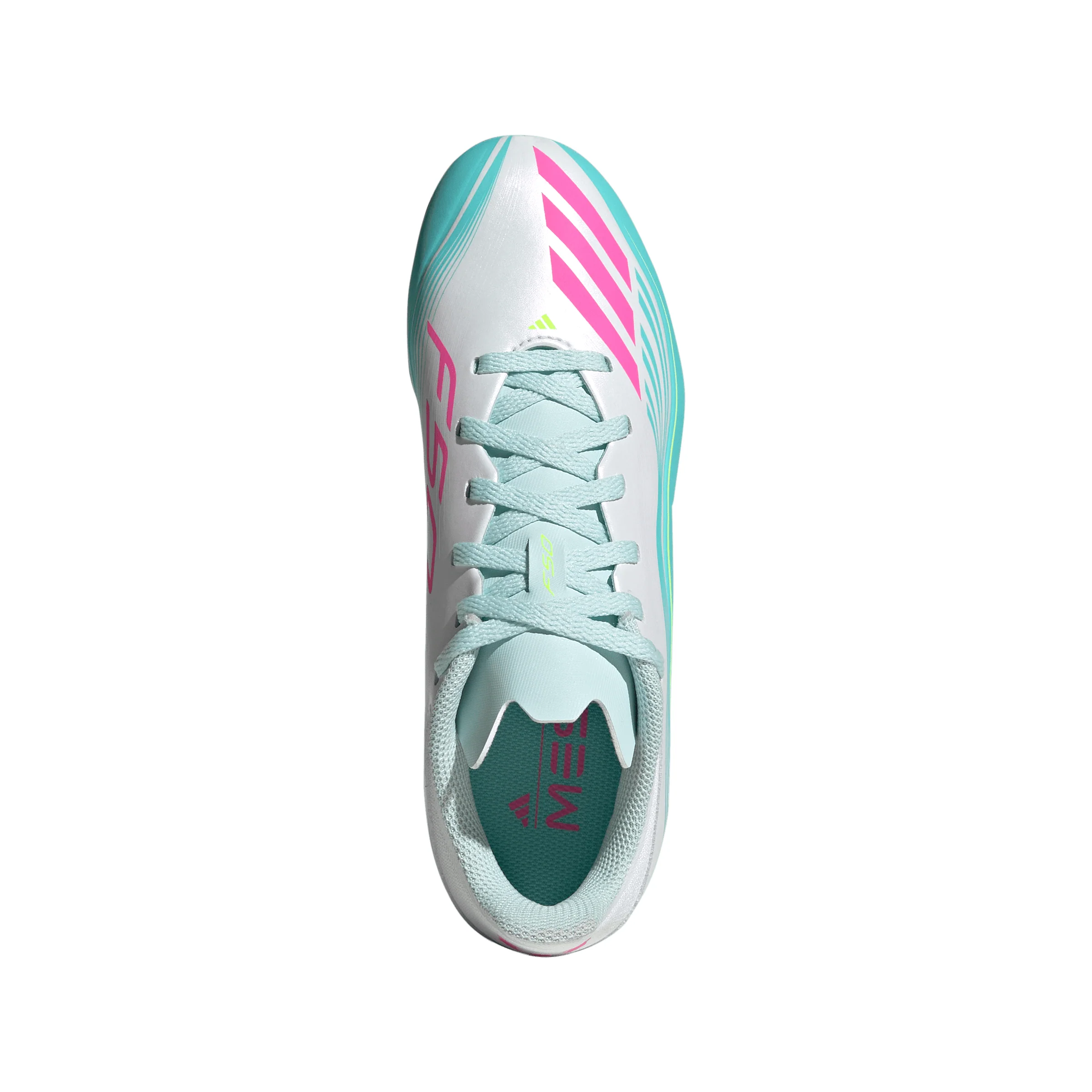 adidas Messi F50 League Junior FG Firm Ground Soccer Cleats -Cloud White / Lucid Pink / Flash Aqua - Image 3