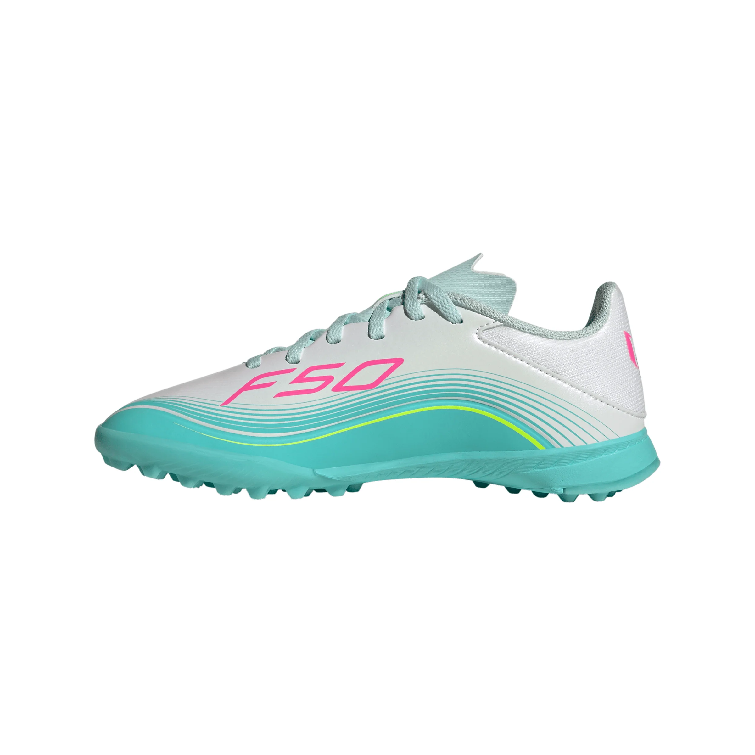 adidas Messi F50 League Junior TF Turf Soccer Cleats -Cloud White / Lucid Pink / Flash Aqua - Image 2