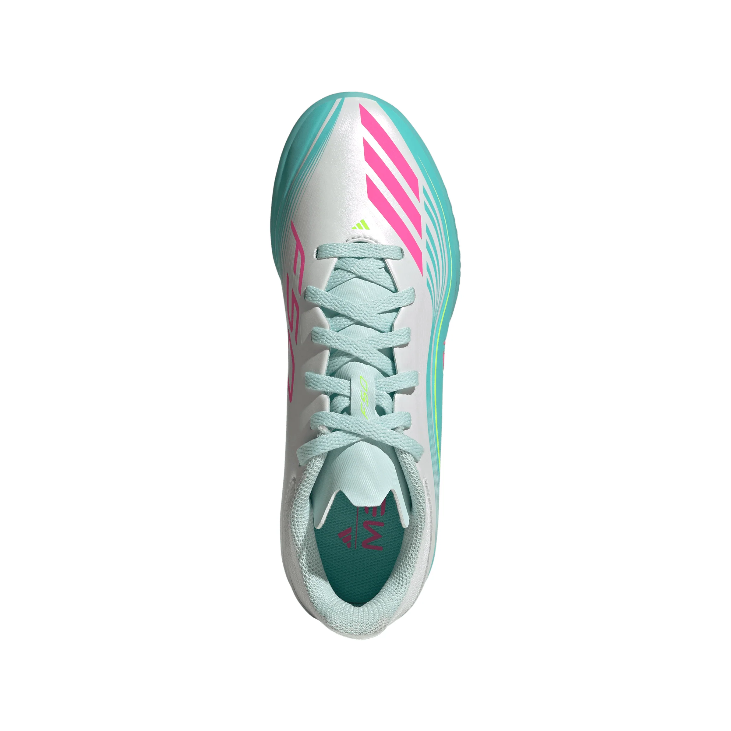 adidas Messi F50 League Junior TF Turf Soccer Cleats -Cloud White / Lucid Pink / Flash Aqua - Image 3