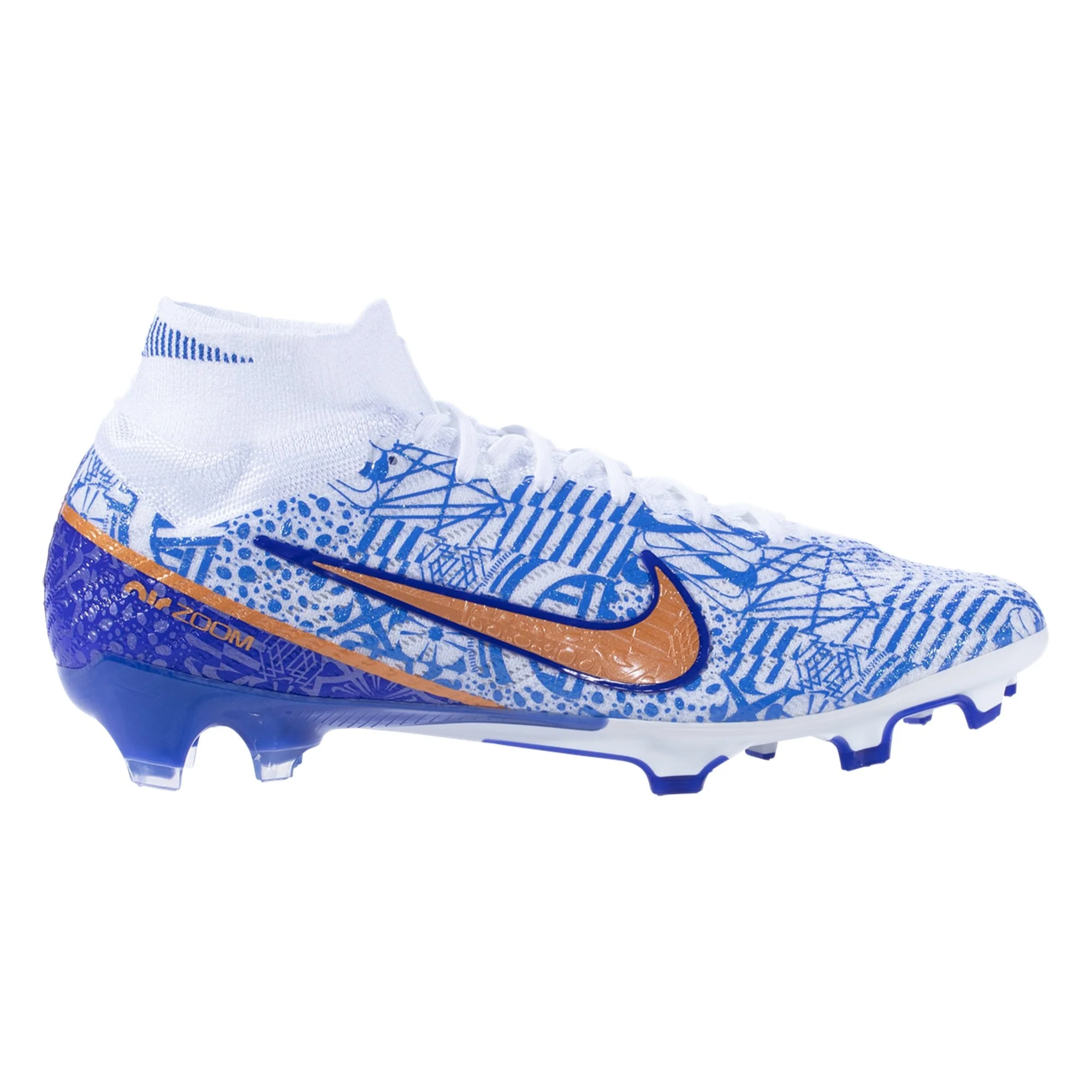 Nike Air Zoom Mercurial Superfly 9 Elite CR7 FG  Firm Ground Soccer Cleats- White/MetallicCopper/Concord/MediumBlue