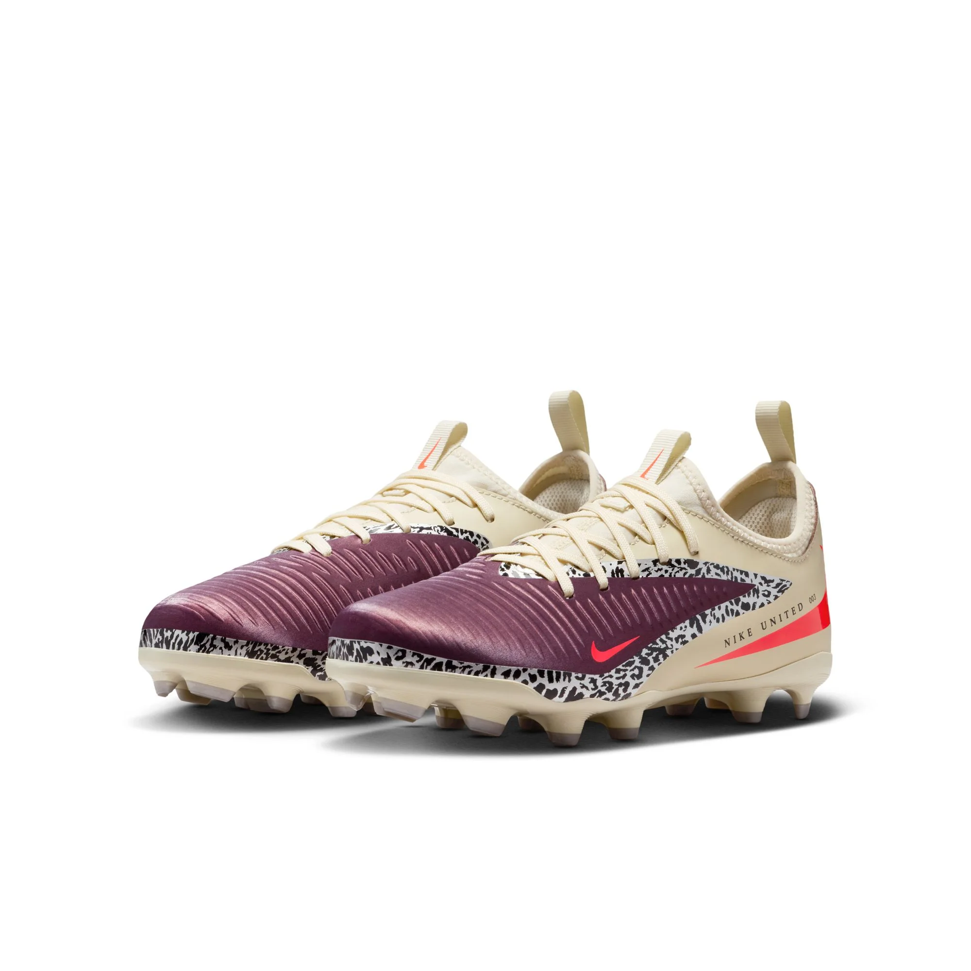 Nike United Junior Phantom 6 Low Academy FG Firm Ground Soccer Cleats- Burgundy Crush/University Red/Fossil - Image 4